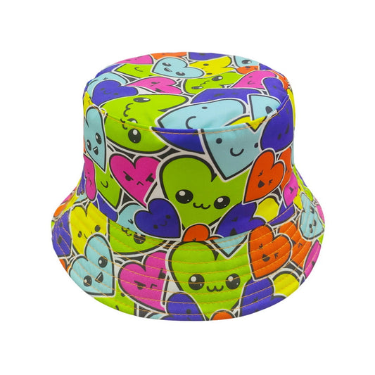 Patterned Bucket Hat | Kids Neon Smiley Heart Print – Multicolour