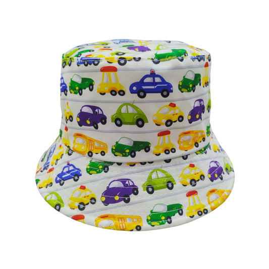Patterned Bucket Hat | Kids Vehicle Print – White