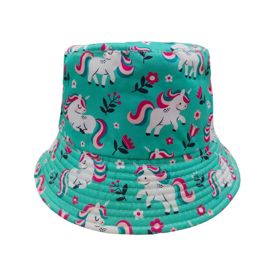 Patterned Bucket Hat | Kids Unicorn & Floral Print – Turquoise