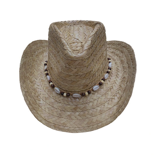 Straw Cowboy Hat | Shell & Bead Trim – Natural