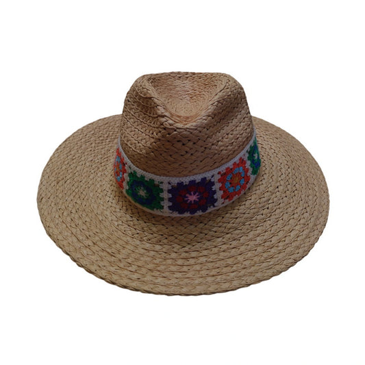 Straw Fedora Hat | Hand-Woven Paper Straw with Crochet Granny Square Trim – Natural