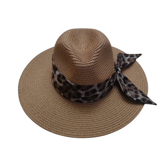 Straw Fedora Hat | Woven Paper Straw with Leopard Print Sash – Tan