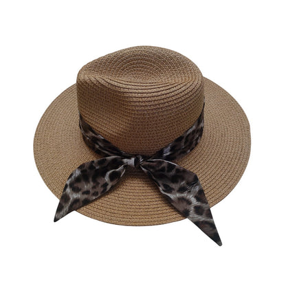 Straw Fedora Hat | Woven Paper Straw with Leopard Print Sash – Tan
