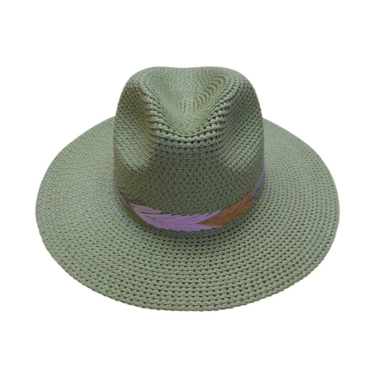 Straw Fedora Hat | Woven Paper Straw with Feather Trim – Sage Green