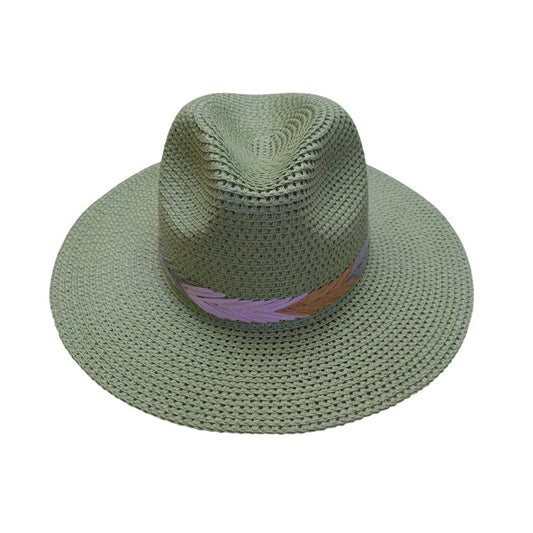 Straw Fedora Hat | Woven Paper Straw with Feather Trim – Sage Green