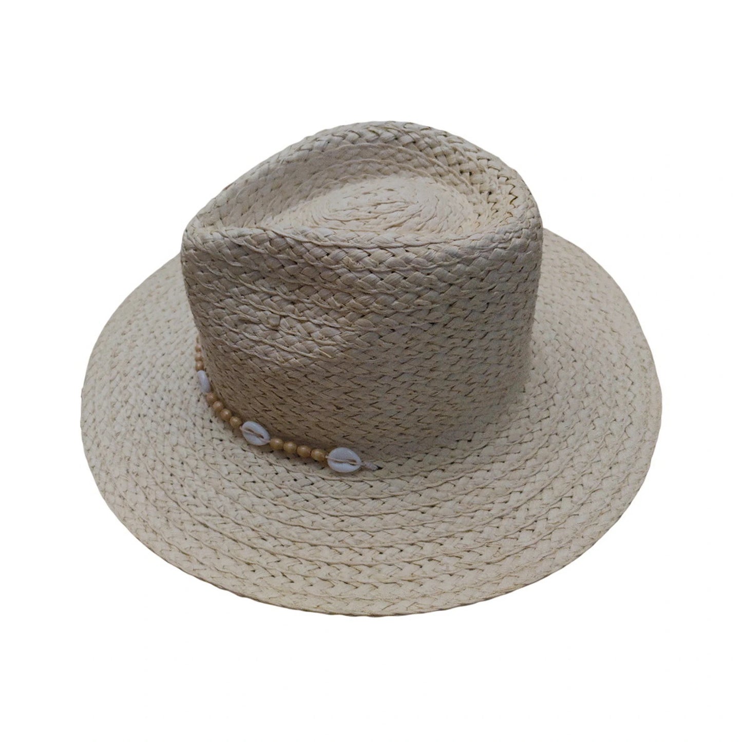 Straw Fedora Hat | Woven Paper Straw with Shell & Bead Trim – Natural