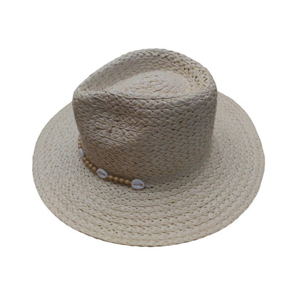 Straw Fedora Hat | Woven Paper Straw with Shell & Bead Trim – Natural