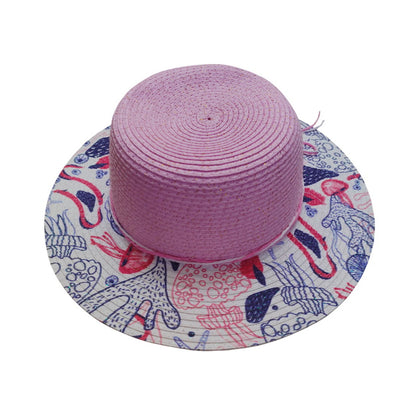 Wide Brim Straw Hat | Paper Straw with Marine Print Brim – Lilac