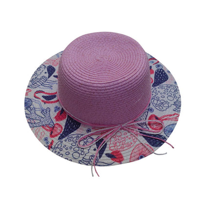 Wide Brim Straw Hat | Paper Straw with Marine Print Brim – Lilac