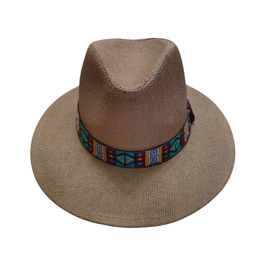 Straw Fedora Hat | Open Woven Paper Straw with Tribal Band – Natural