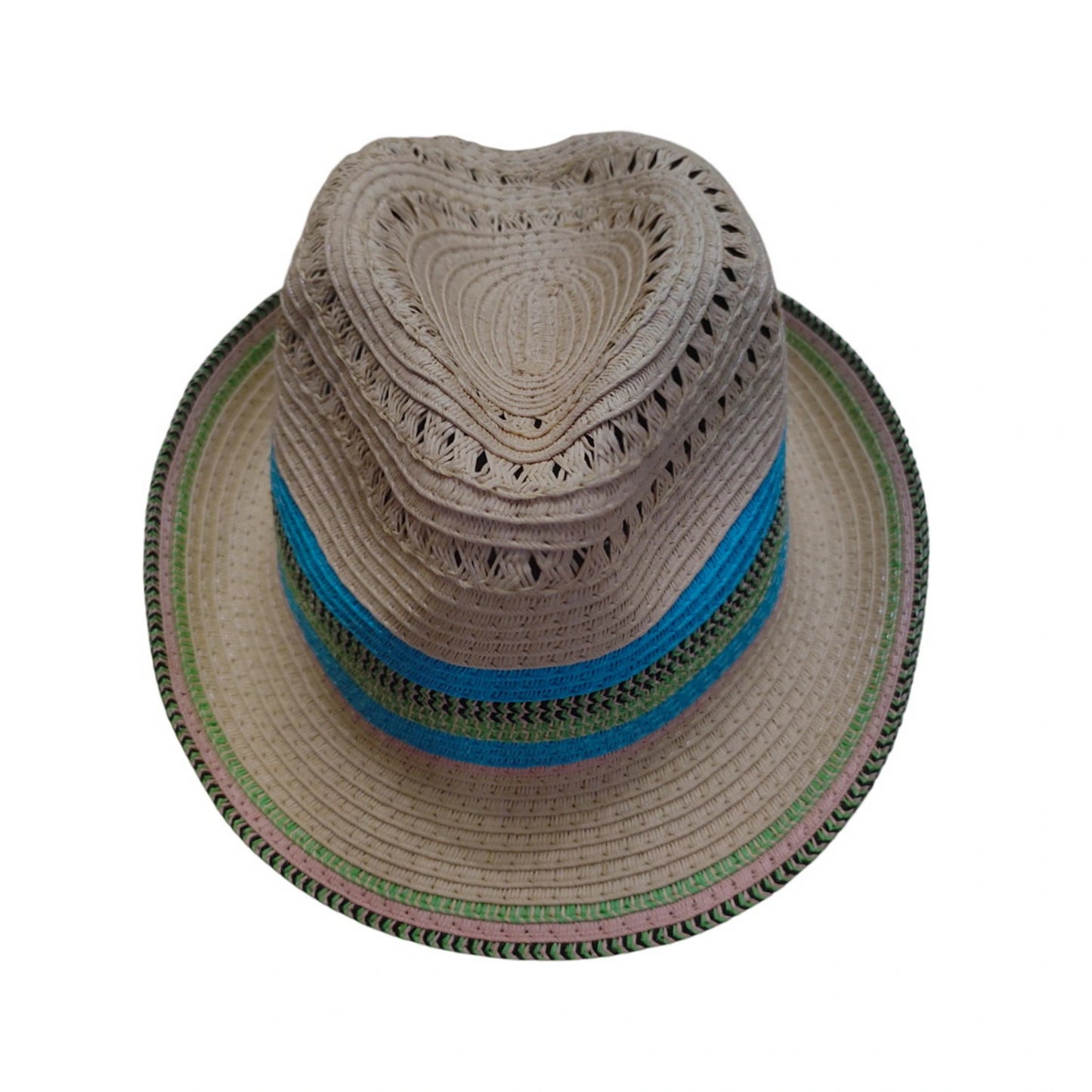 Straw Trilby Hat | Open Woven Crown with Striped Trim – Natural