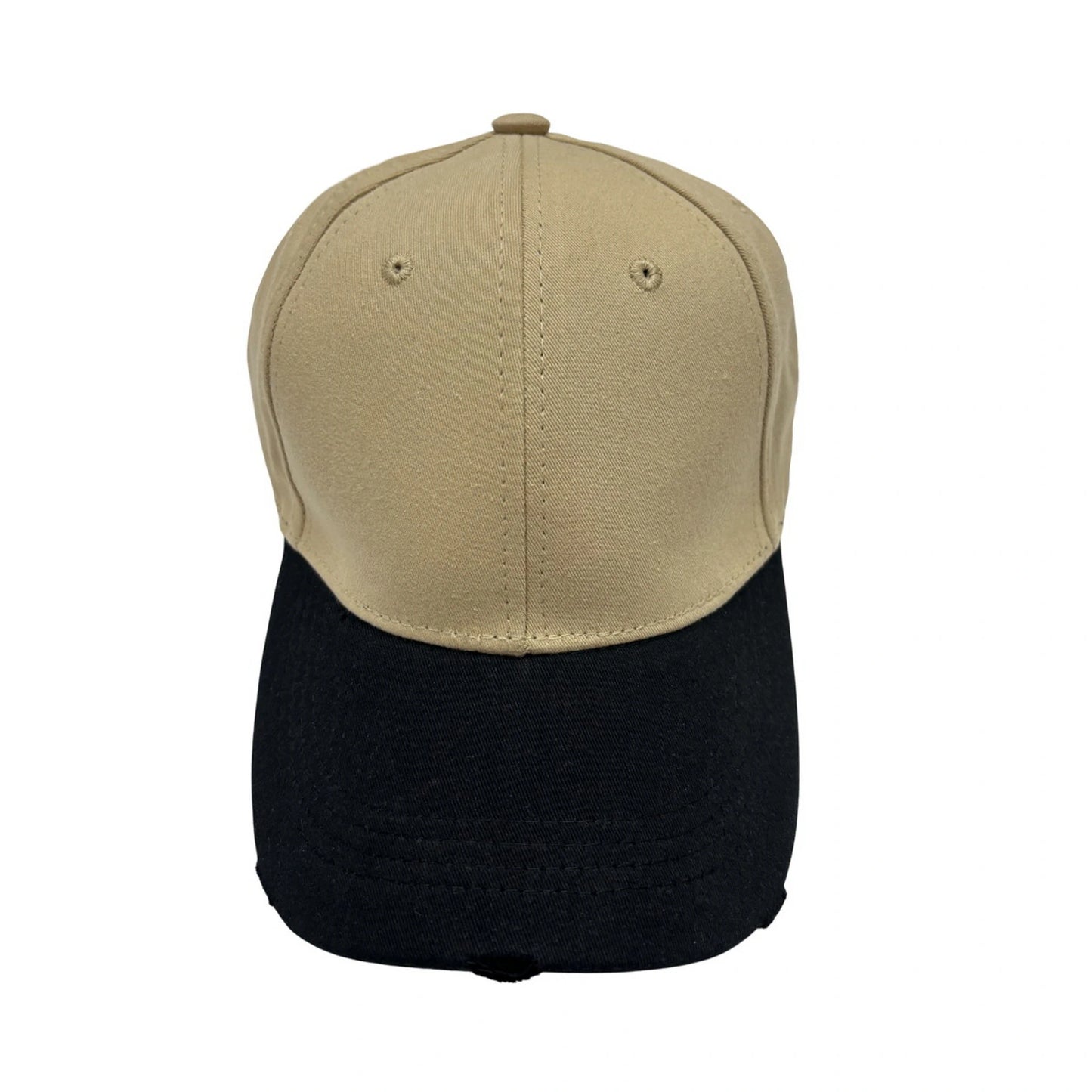 Plain Cotton Baseball Cap | Two-Tone Distressed Brim – Khaki & Black