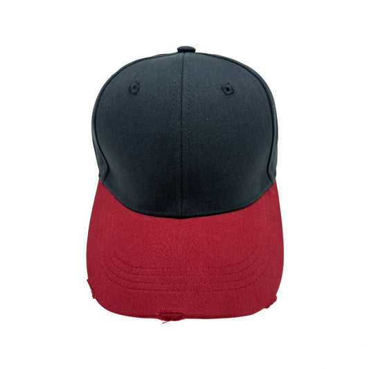 Plain Cotton Baseball Cap | Two-Tone Distressed Brim – Black & Burgundy