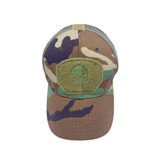 Camo Basaeball Cap | Woodland Camouflage Print with Skull Patch – Brown & Green