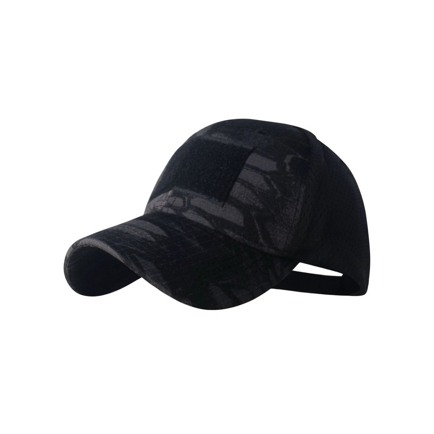 Camo Baseball Cap | Dark Woodland Print with Hook-and-Loop Patch – Black & Grey
