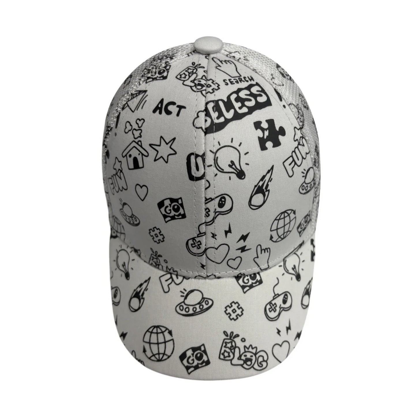 Patterned Baseball Cap | Kids Cartoon Doodle Print - White