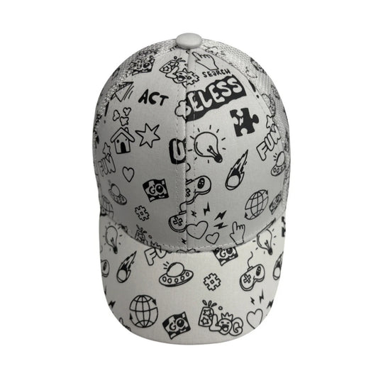 Patterned Baseball Cap | Kids Cartoon Doodle Print - White
