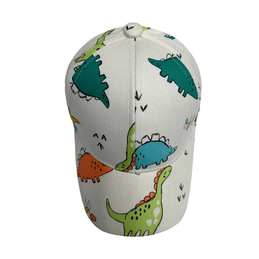 Patterned Baseball Cap | Kids Dinosaur Cartoon Print - White