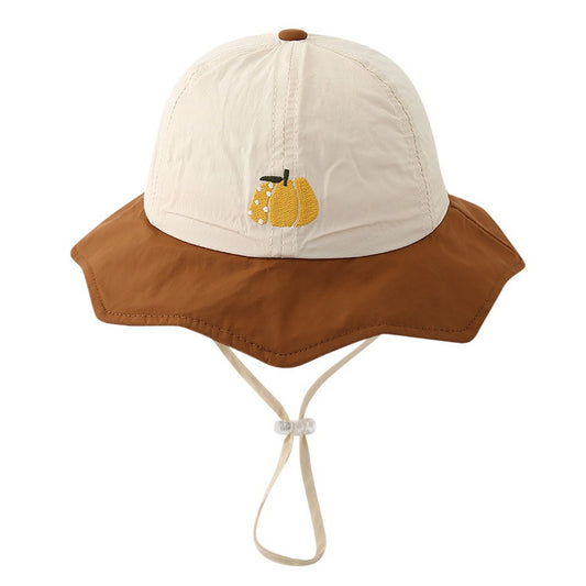 Patterned Bucket Hat | Kids Sun Flap Pumpkin Embroidery – Cream & Brown