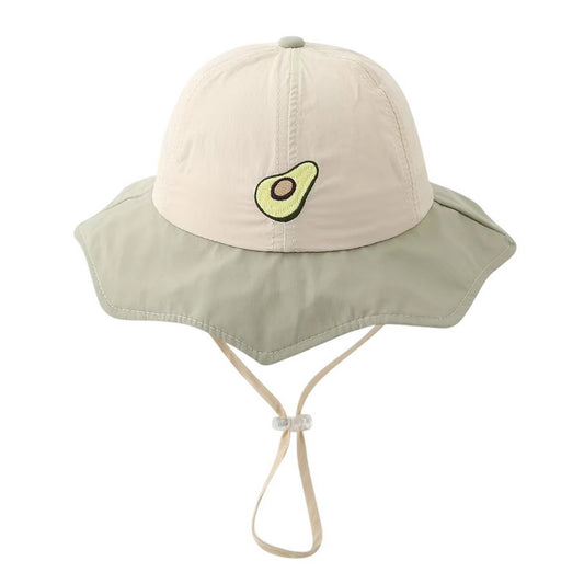Patterned Bucket Hat | Kids Sun Flap Avocado Embroidery – Cream & Green