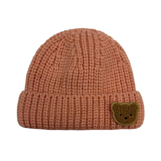 Ski Hat | Kids Bear Patch Ribbed Knit Design – Pink