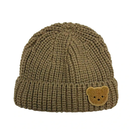 Ski Hat | Kids Bear Patch Ribbed Knit Design – Brown