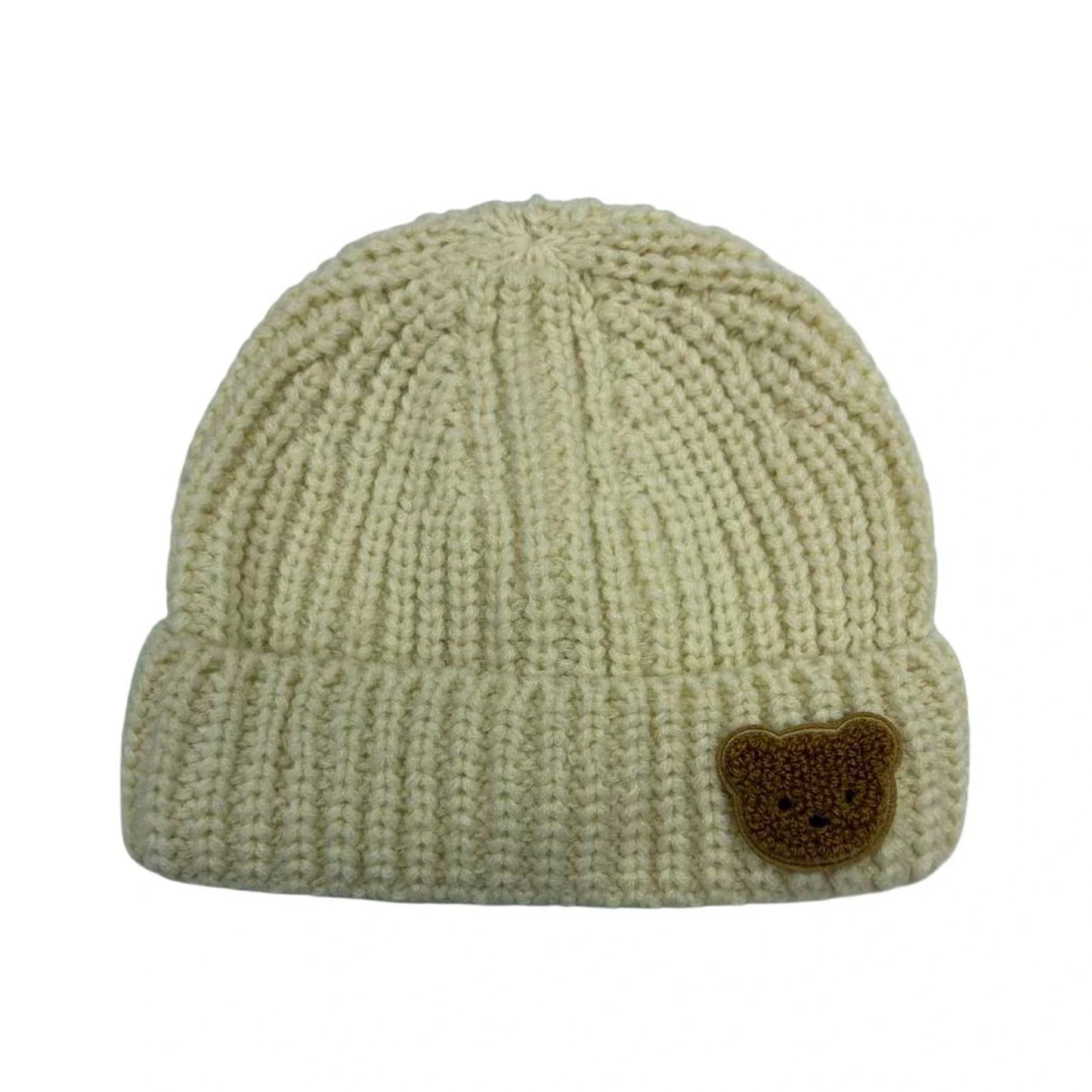 Ski Hat | Kids Bear Patch Ribbed Knit Design – Beige