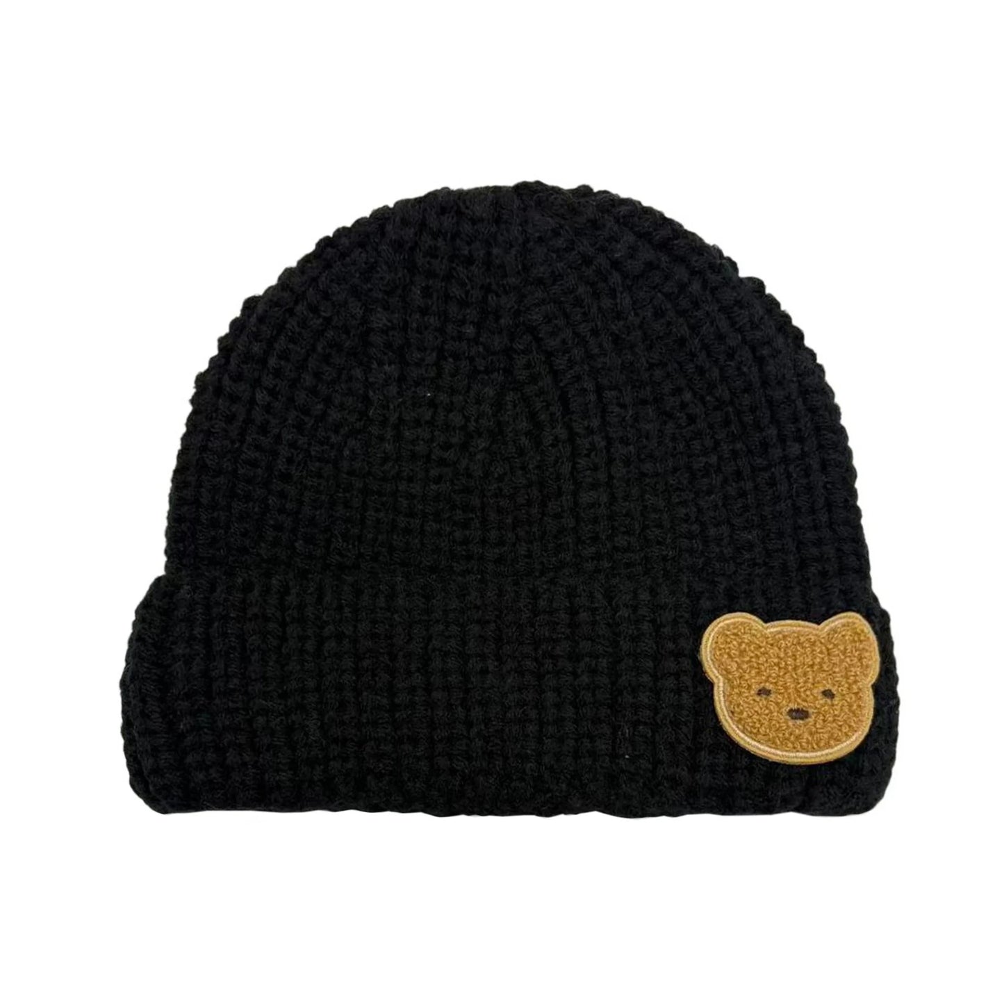 Ski Hat | Kids Bear Patch Ribbed Knit Design – Black