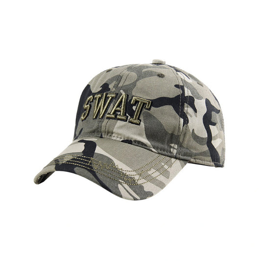 Camo Baseball Cap | SWAT Embroidered Text with Gold Stitching – Grey & Black