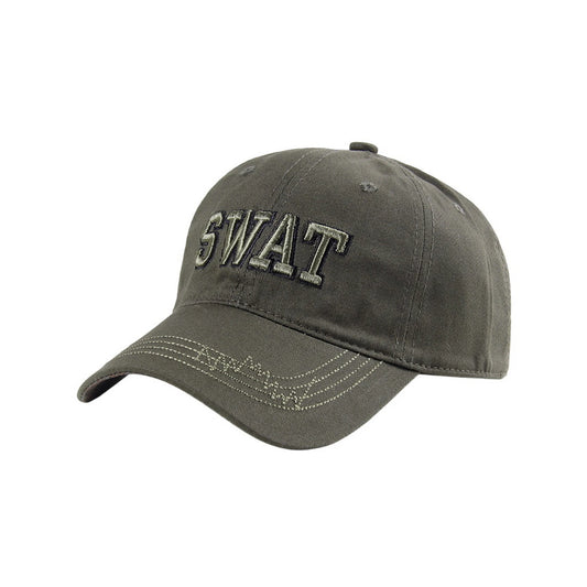 Camo Baseball Cap | SWAT Embroidered Text with Gold Stitching – Olive