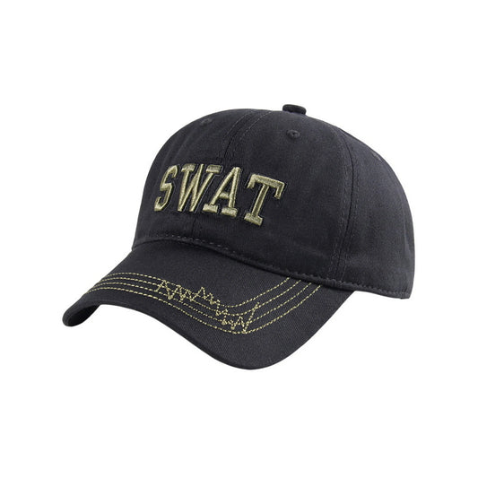 Camo Baseball Hat | SWAT Embroidered Text with Gold Stitching – Black