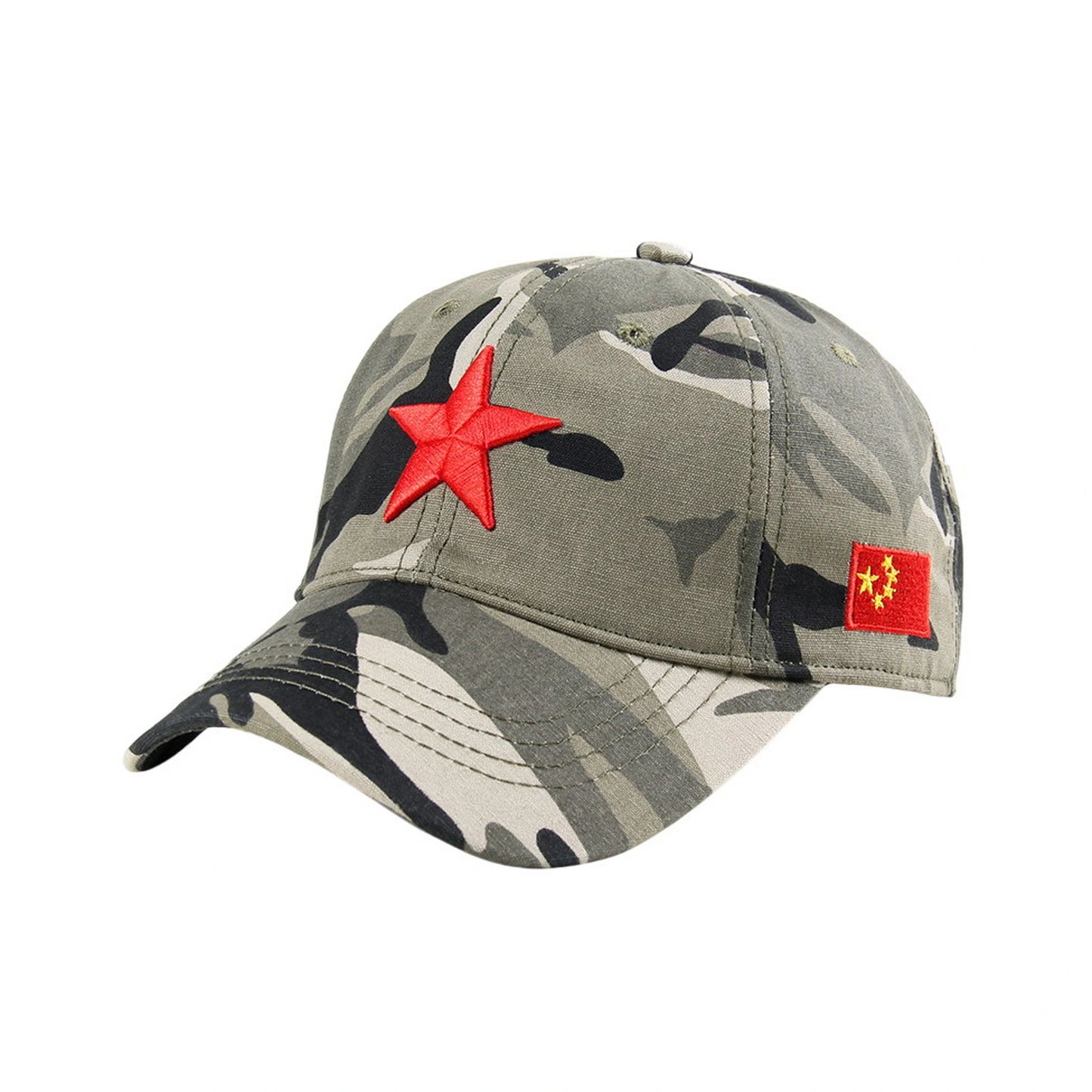 Camo Baseball Cap | Red Star & Chinese Flag Patches – Grey & Black