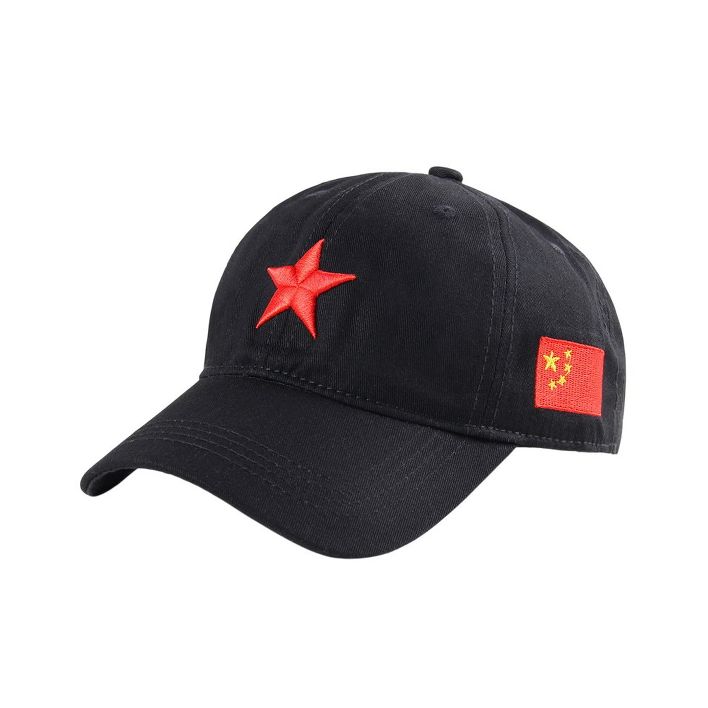Camo Baseball Cap | Red Star & Chinese Flag Patches – Black
