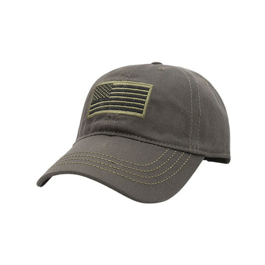 Camo Baseball Cap | US Flag Patch with Gold Stitching – Dark Grey