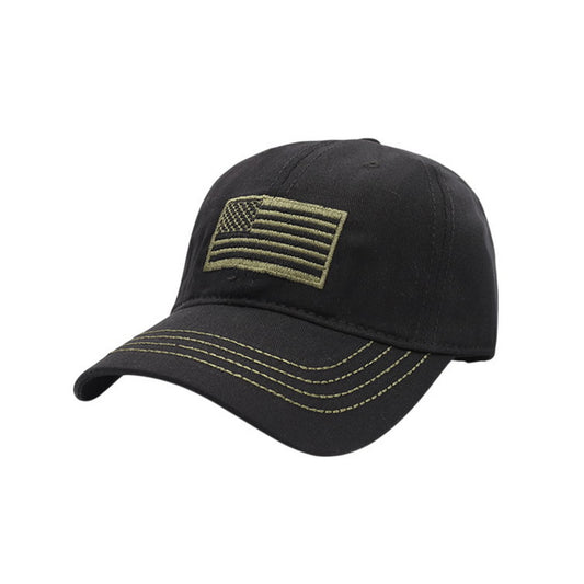 Camo Baseball Cap | US Flag Patch with Gold Stitching – Black