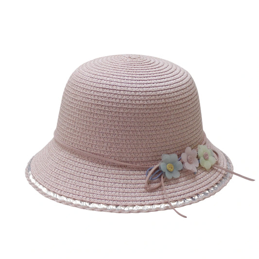 Short Brim Straw Hat | Kids Pastel Flower Trim – Pink