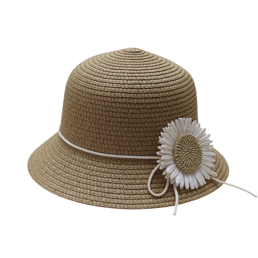 Short Brim Straw Hat | Kids Daisy Flower Detail – Natural