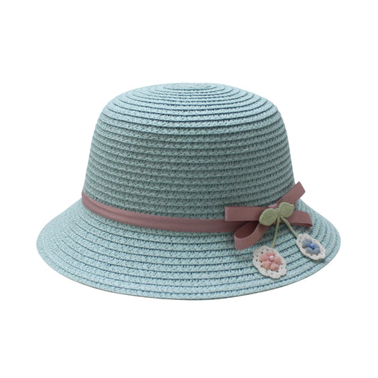 Short Brim Straw Hat | Kids Floral Charm Detail – Blue