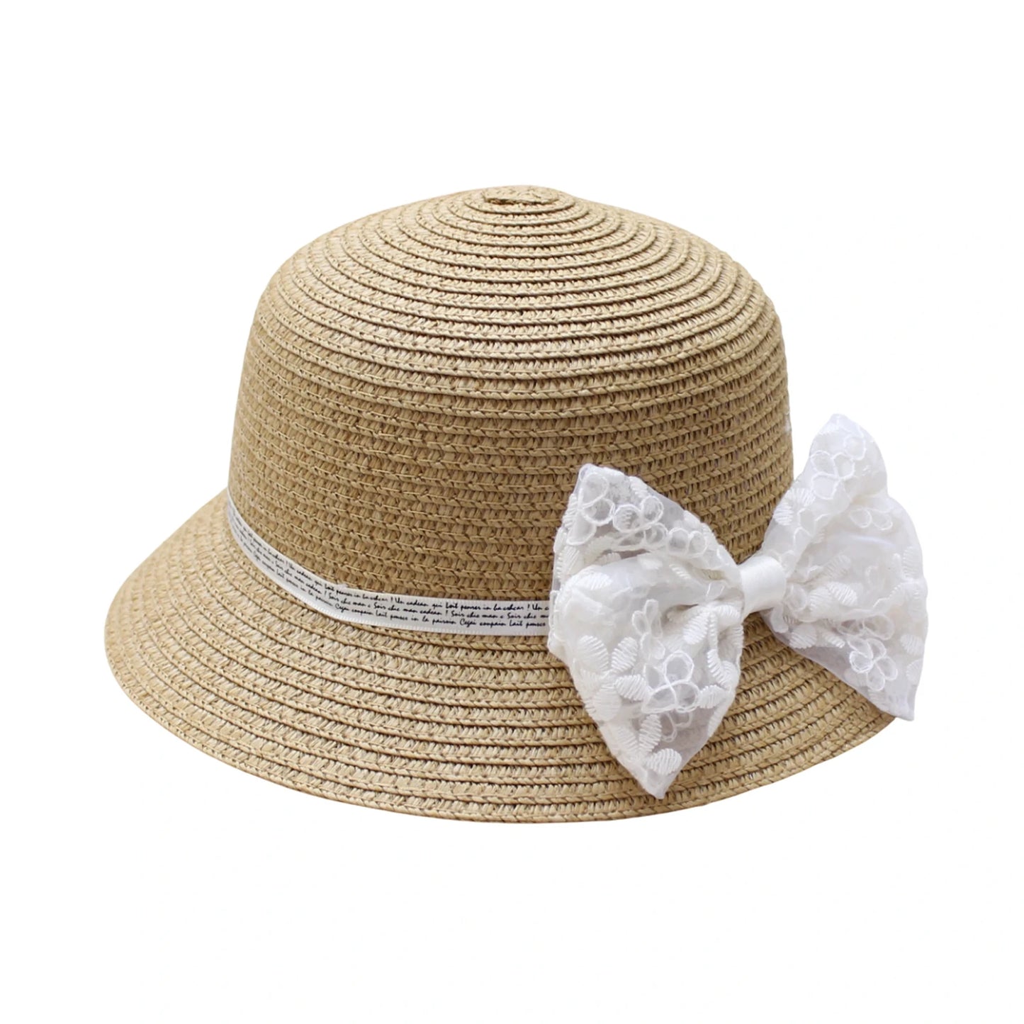 Short Brim Straw Hat | Kids Lace Bow Detail – Natural