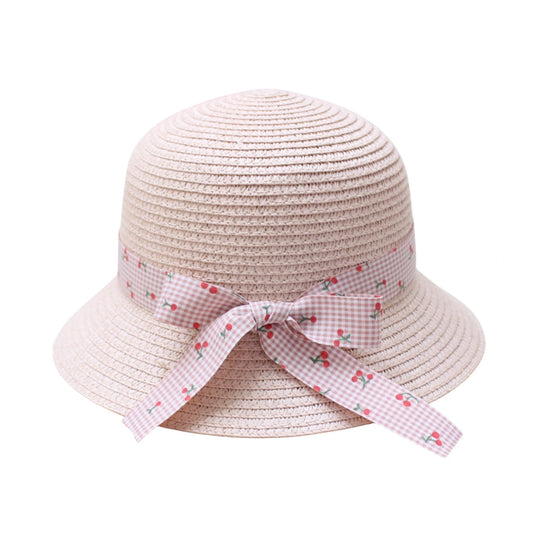 Short Brim Straw Hat | Kids Cherry Ribbon Bow – Pink