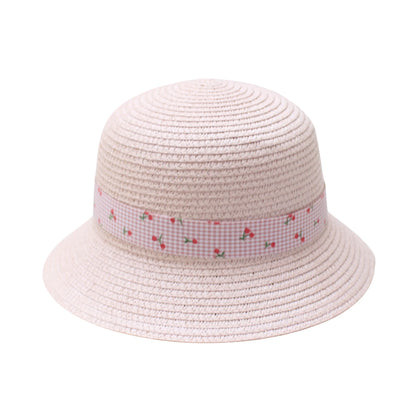 Short Brim Straw Hat | Kids Cherry Ribbon Bow – Pink