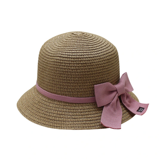 Short Brim Straw Hat | Kids Pink Ribbon Bow – Natural