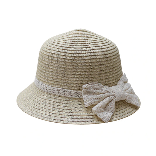 Short Brim Straw Hat | Kids White Lace Bow – Cream