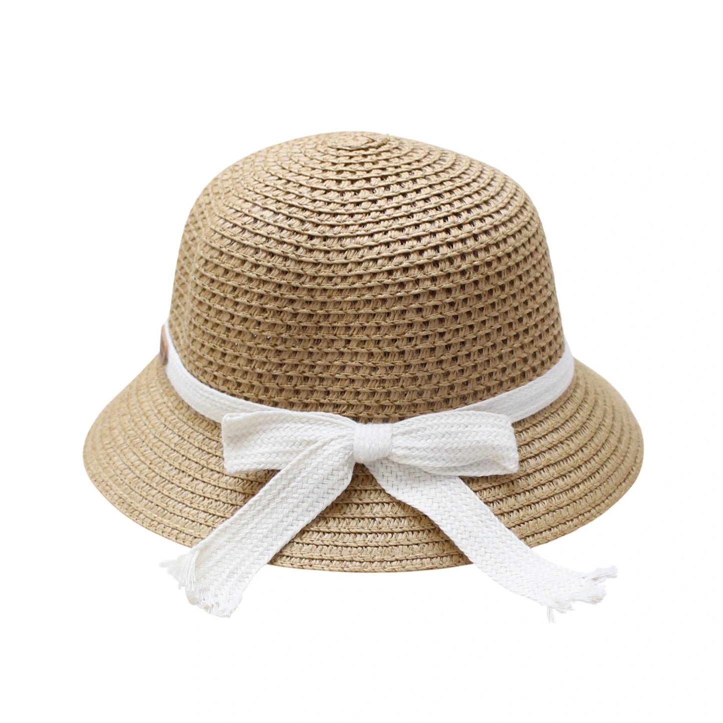 Short Brim Straw Hat | Kids White Ribbon Bow – Natural