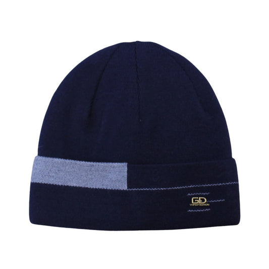 Ski Hat | Contrast Stripe Knit Cuffed Style – Navy & Grey