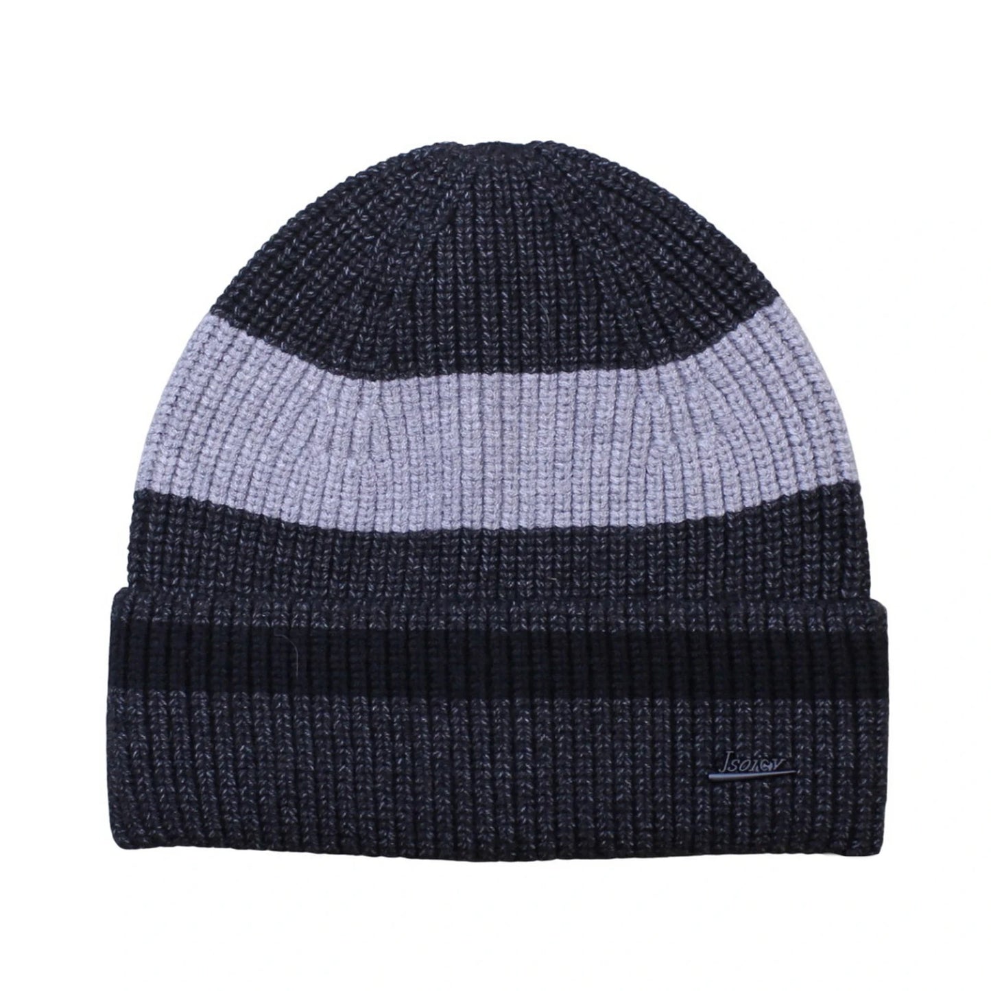 Ski Hat | Colour Block Ribbed Knit Cuffed Style – Dark Grey & Black