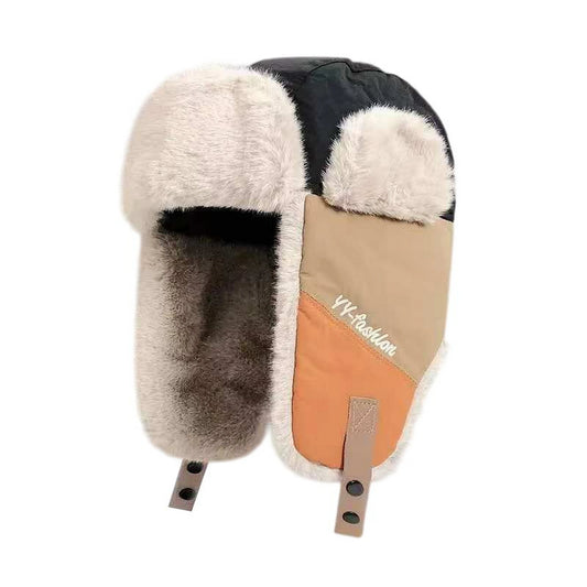Trapper Hat | Colour Block Ear Flap Winter Design – Black & Khaki & Orange