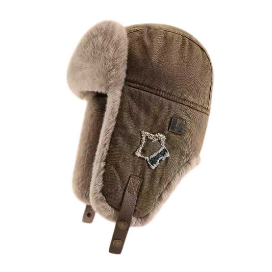 Trapper Hat | Faux Fur Ear Flap Star Patch Design – Khaki