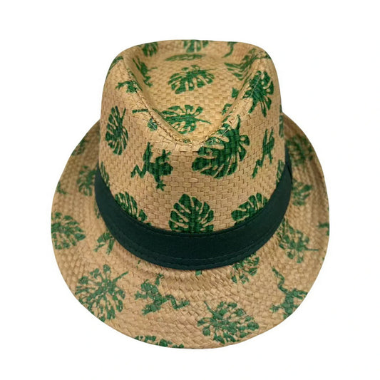Straw Trilby Hat | Tropical Leaf Print - Natural