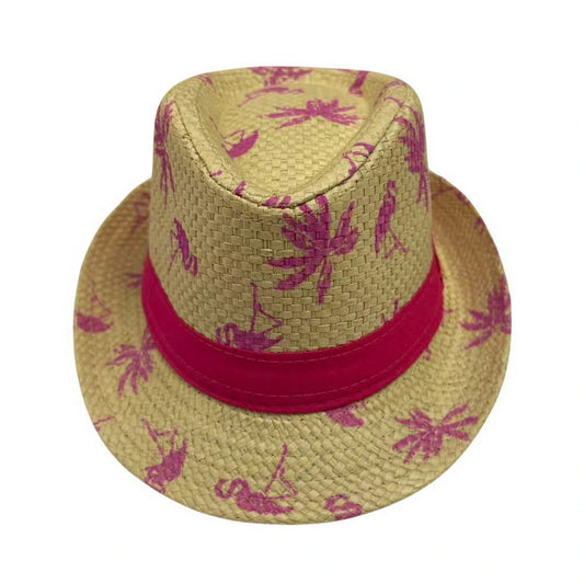 Straw Trilby Hat | Flamingo Print - Natural